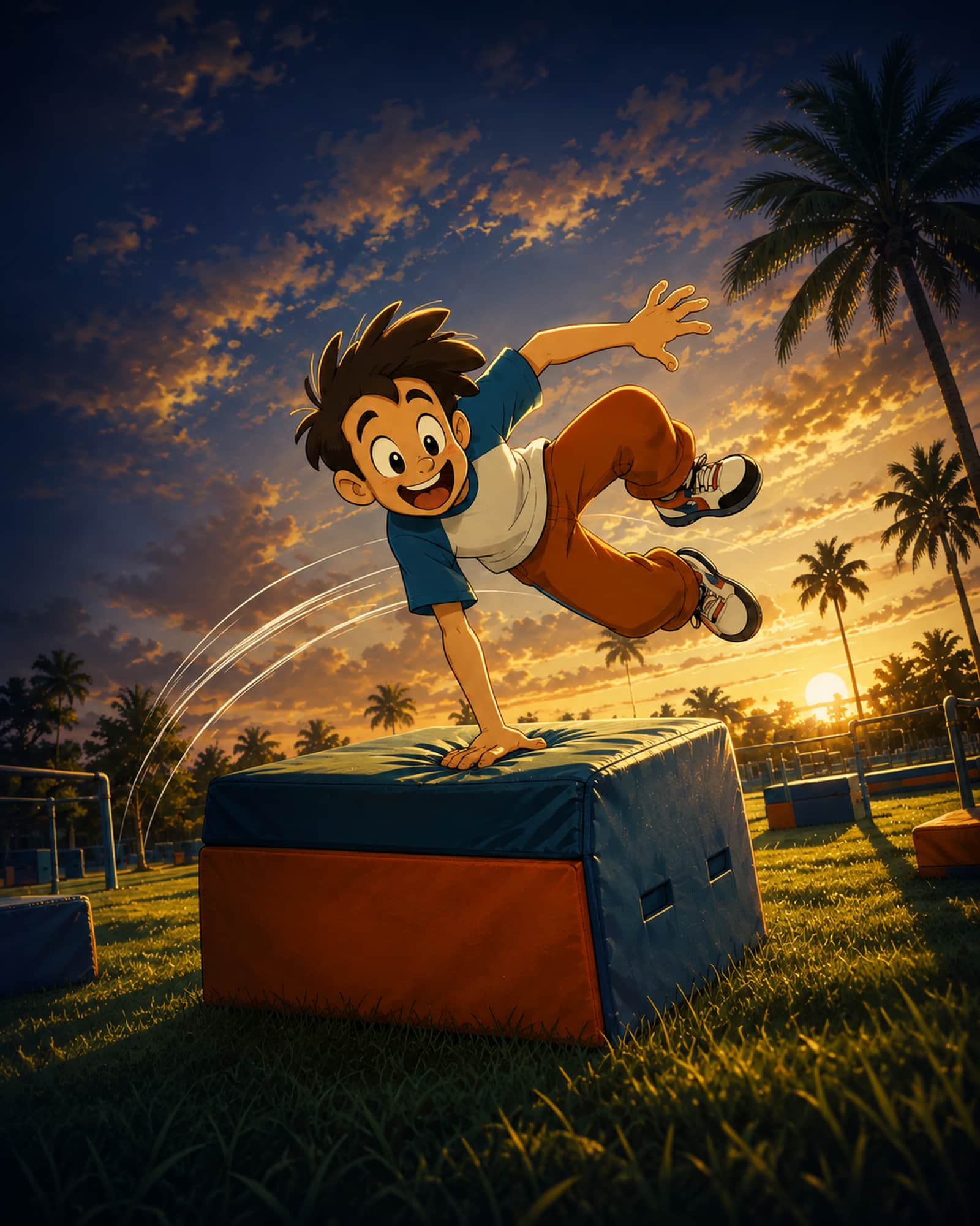 Illustrated young athlete vaulting a park bench at a sunset park class