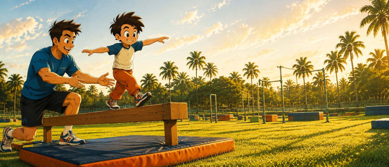 Illustrated child balancing on a low rail while a coach spots within arm's reach