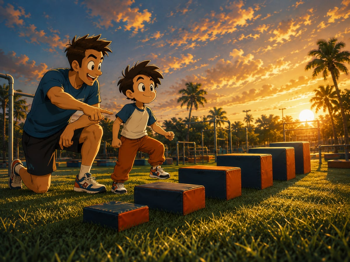 Illustrated coach guiding a young athlete along a line of progressively taller obstacles