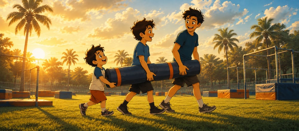 Three illustrated athletes of different ages walking together carrying a crash pad