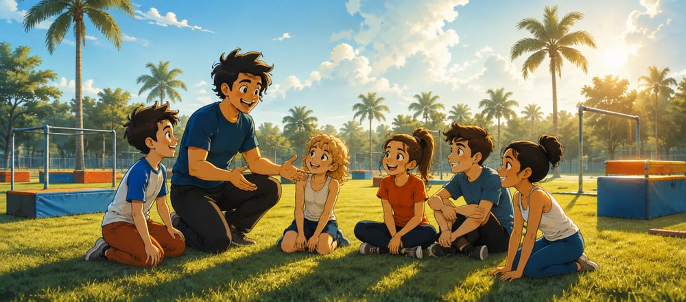 Illustrated group of young athletes gathered with their coach on a park field