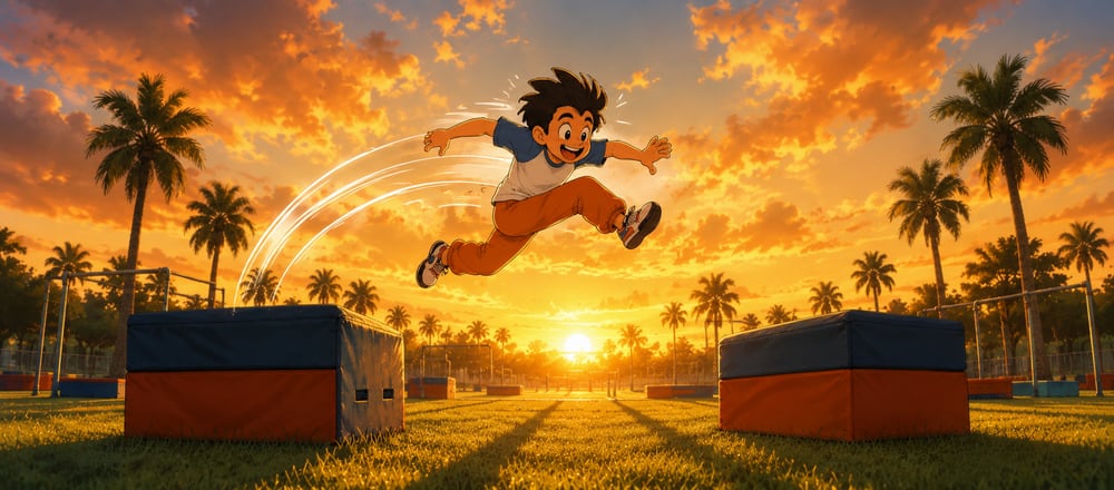 Illustrated athlete leaping between park boulders at sunset
